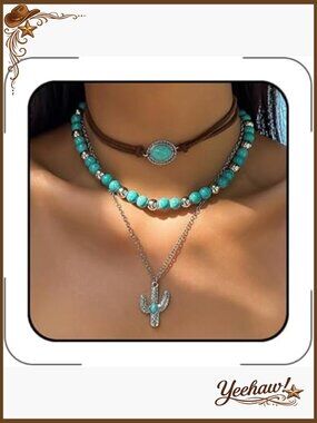 Layered Western Necklace Set Turquoise Beaded Cowgirl Jewelry